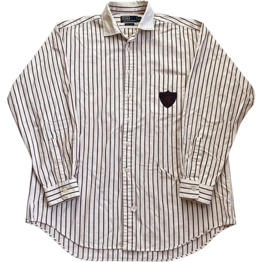 Vintage Polo Ralph Lauren Striped Button Down Shirt Crest Patch Large Cotton
